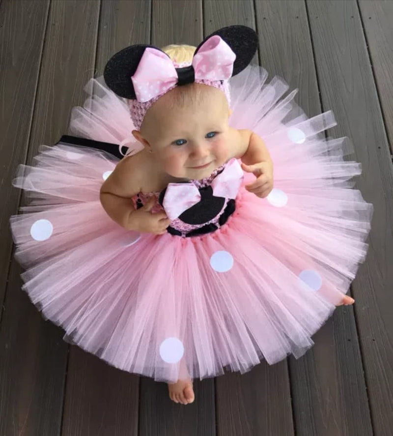 Lovely Girls Pink Cartoon Tutu Dress Baby Mickey Minnie Crochet Tulle Tutus with Dots Bow and Headband Kids Birthday Party Dress