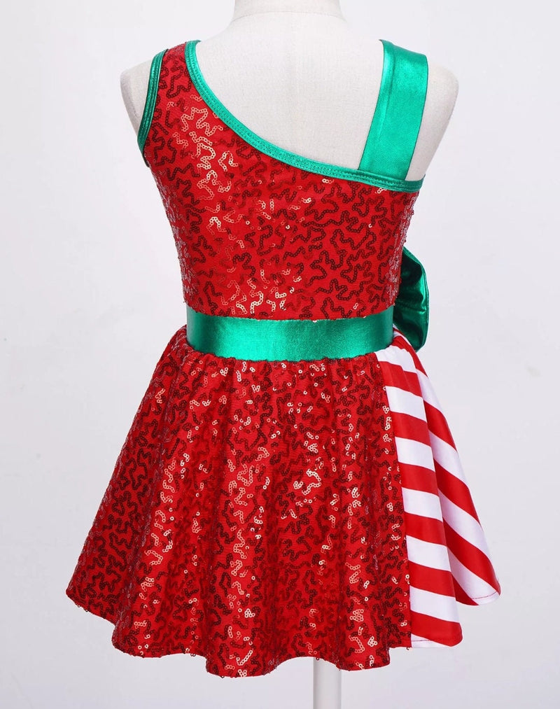 Kids Girls Sequins Christmas Costume Sleeveless Stripe Bow Xmas New Year Cosplay Ballet Tutu Dress Dance Performance Dancewear