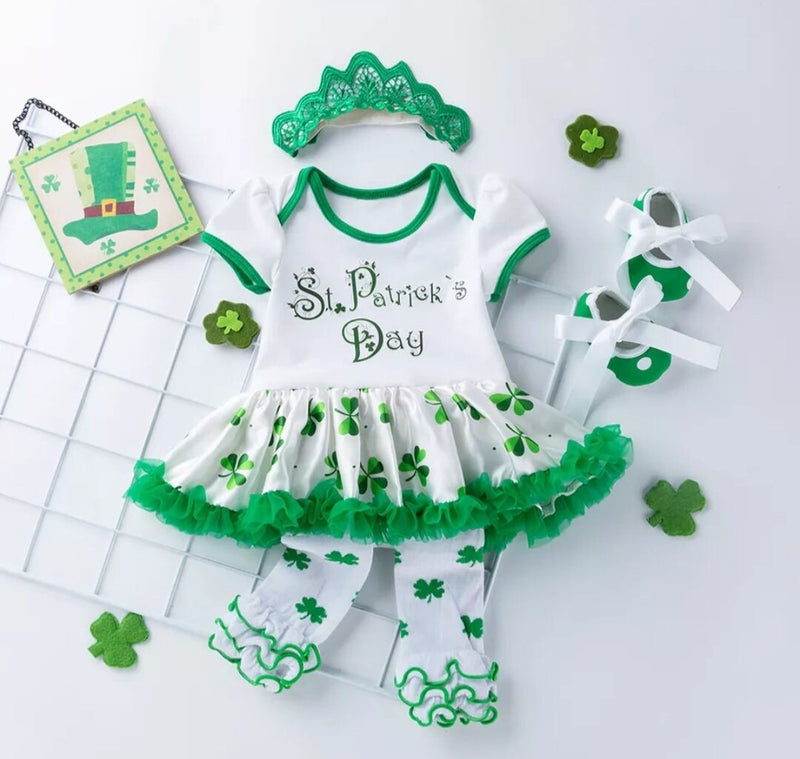 St. Patrick Dress Girls Set Clover Skirt Lucky Charm Baby Girls Outfit Green White