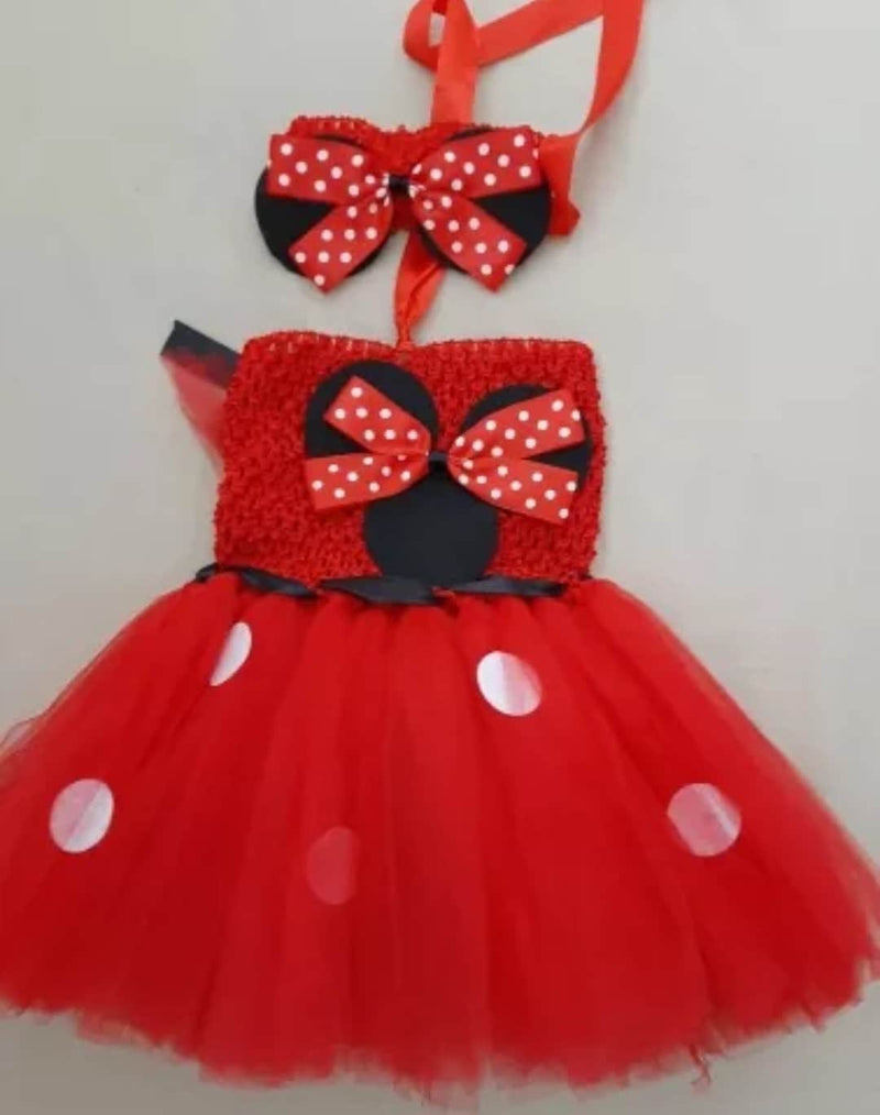 Lovely Girls Pink Cartoon Tutu Dress Baby Mickey Minnie Crochet Tulle Tutus with Dots Bow and Headband Kids Birthday Party Dress