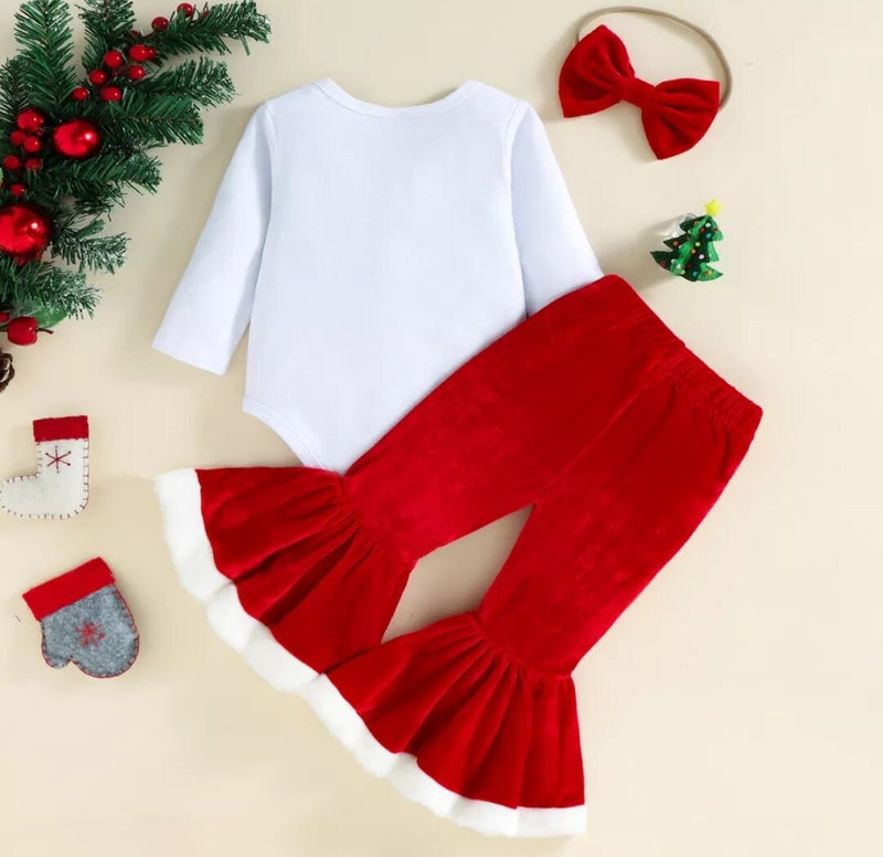Christmas Santa Baby Girls outfit Xmas Letter Long Sleeve Romper Top + Fur Velvet Bell-Bottoms Pants