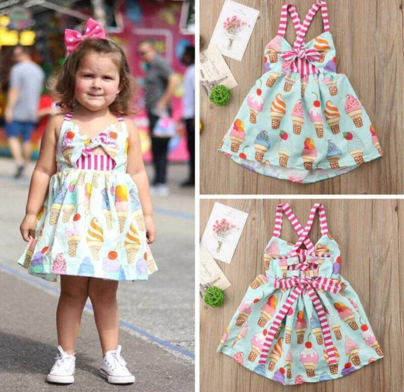 Toddler Baby Girl Clothes Ice Cream Print Strap Backless Cotton Dress Sundress Spring Summer Outfit