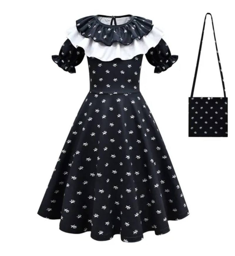Kids Wednesday Addams Outfit Cartoon Dress and Bag