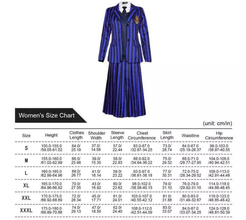 Wednesday Addams Nevermore Academy Blue School Uniform Adult/Kids Matching Dress Up Purim Costume Black Fancy Dress Up