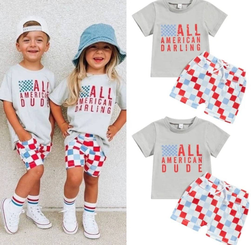 Independence Day Baby Girls Boys Clothes Sets Letter Print Short Sleeve T-Shirts and Checkerboard