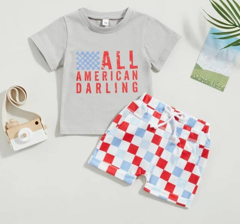 Independence Day Baby Girls Boys Clothes Sets Letter Print Short Sleeve T-Shirts and Checkerboard