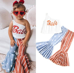Girls Clothes Independence Day 4th Of July Letter Printed T Shirt Tops Stars Striped Flare Bell Bottom Pants Outfits