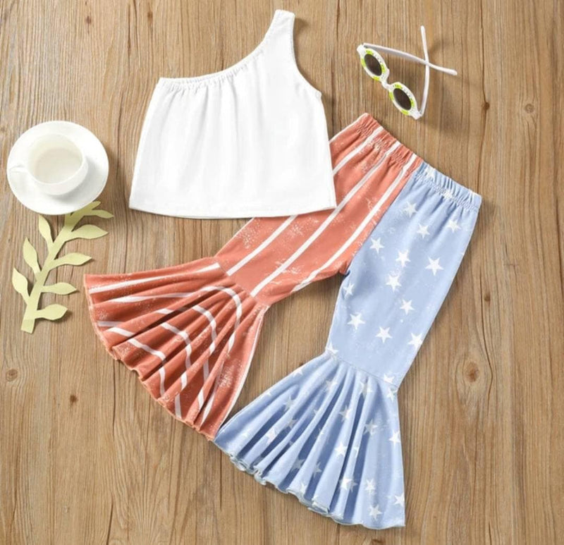 Girls Clothes Independence Day 4th Of July Letter Printed T Shirt Tops Stars Striped Flare Bell Bottom Pants Outfits