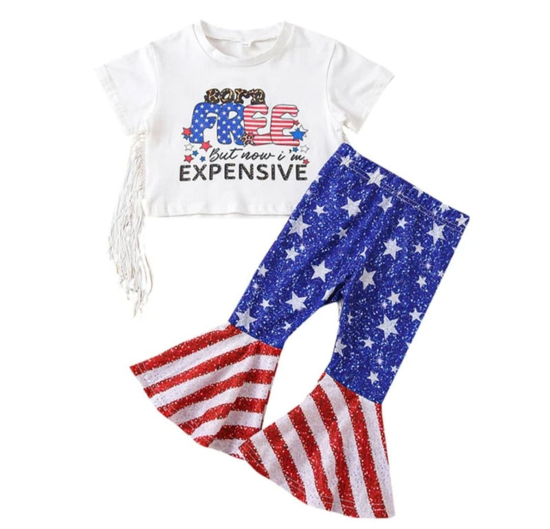 Tassels Girls Clothes Independence Day 4th Of July Letter Printed T Shirt Tops Stars Striped Flare Bell Bottomed Pants Outfits
