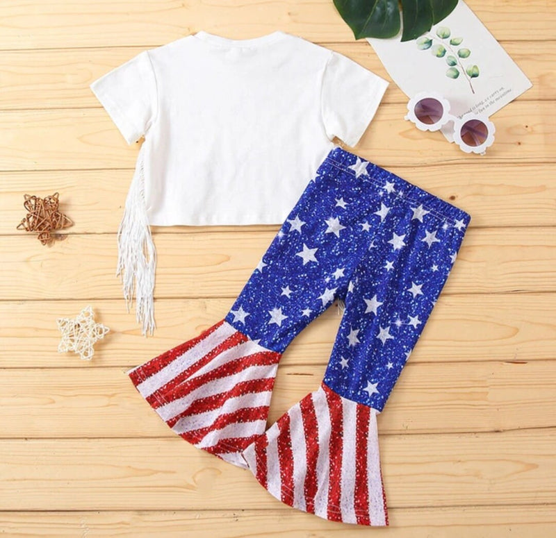 Tassels Girls Clothes Independence Day 4th Of July Letter Printed T Shirt Tops Stars Striped Flare Bell Bottomed Pants Outfits
