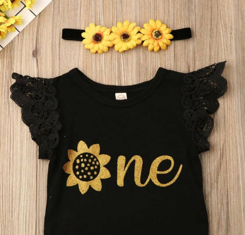 Sunflower Infant Baby Girls First Birthday Party Outfit Baby Girls Cake Smash Clothing Short Sleeve Letters Printed Romper