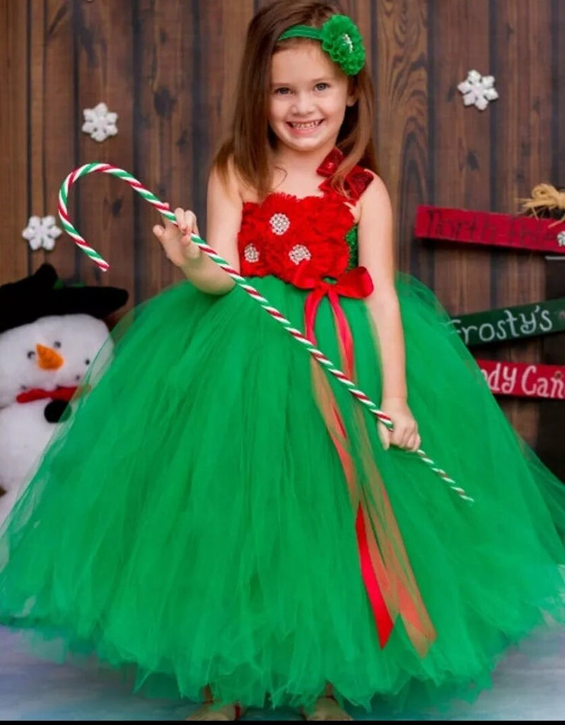 Red Green Christmas Long Dress for Girls Xmas Party Costume for Kids Birthday Tutu Outfit Flower Girl Dresses Princess Ball Gown