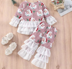 Christmas Kids Girls Lovely Clothes Sets 2pcs Ruffles Flare Sleeve Striped Santa Claus Printed Tops Layered Pants