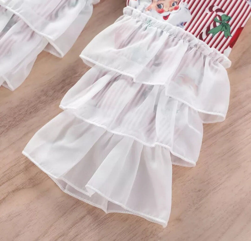Christmas Kids Girls Lovely Clothes Sets 2pcs Ruffles Flare Sleeve Striped Santa Claus Printed Tops Layered Pants