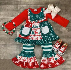 Red And Green Girl Outfit With Pocket Christmas Tree Elk Patchwork Ruffled Girl Set Xmas Girls Clothing Set