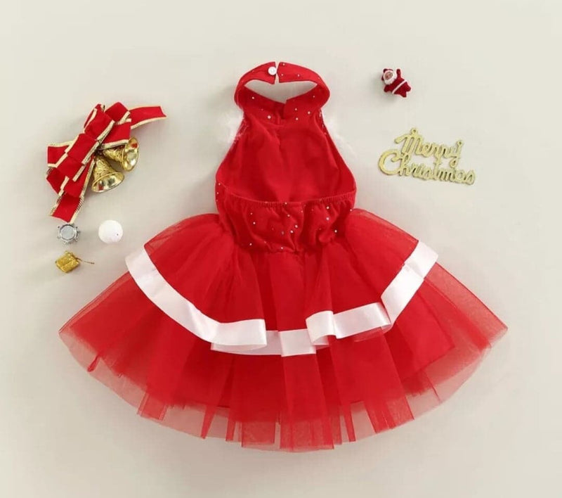 Kids Girls Christmas Dress Sleeveless Halterneck Sequined Lace Tulle Patchwork Tutu Dress