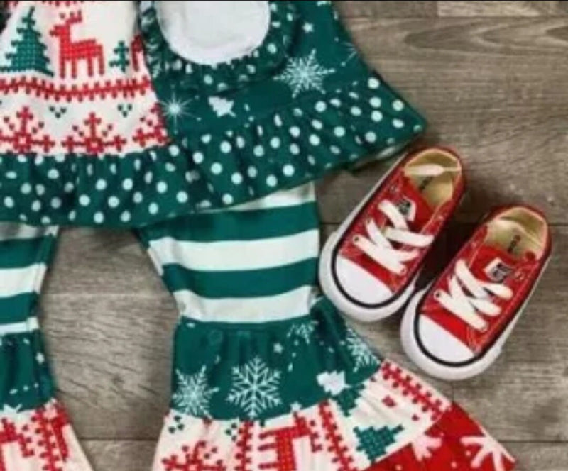 Red And Green Girl Outfit With Pocket Christmas Tree Elk Patchwork Ruffled Girl Set Xmas Girls Clothing Set