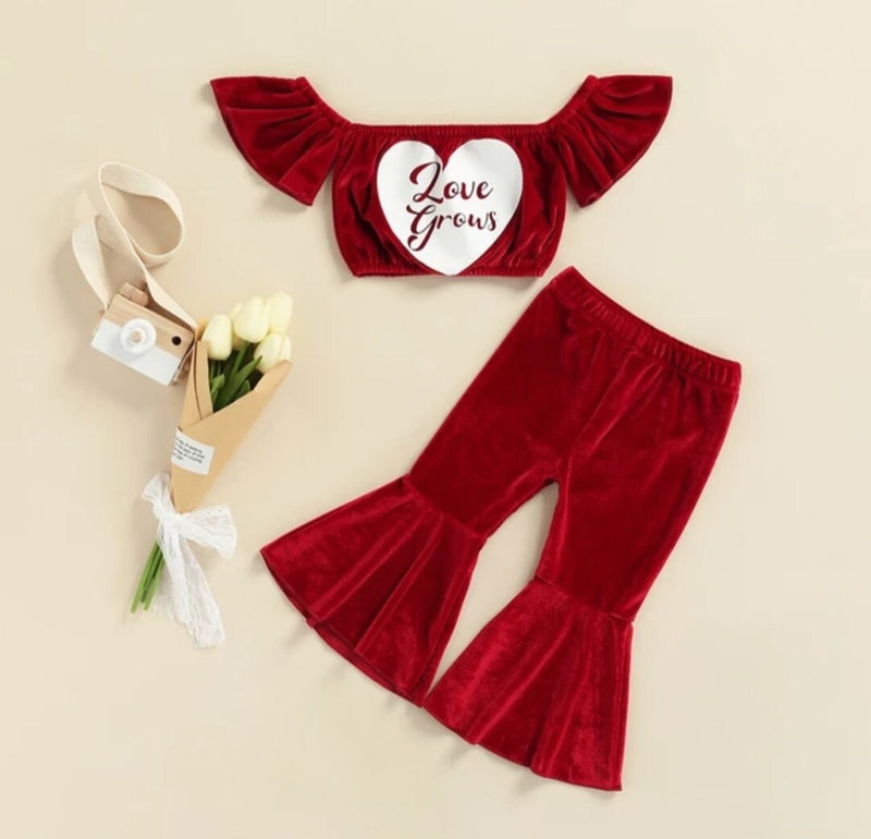 Valentines Outfit Toddler Girl Summer Clothes Baby Velvet Off-shoulder Heart Print Tops Elastic Flare Pants Set Casual Clothes