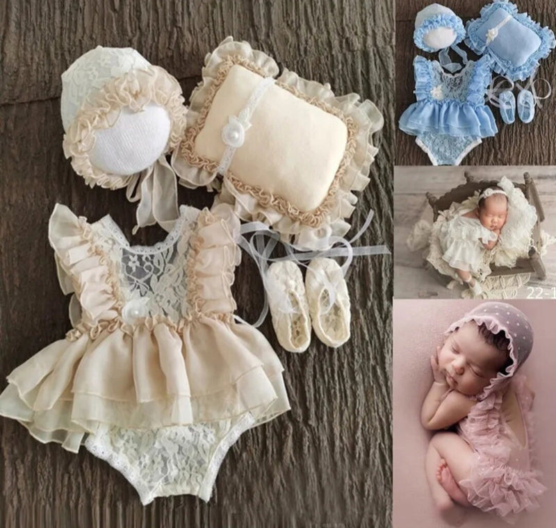 Lace Newborn Romper, First Photo Prop Baby Girl Photoshoot Old Fashion Cap Shoes Outfit and Pillow