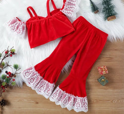 Red Velvet Girl Christmas Outfits For Kids Off Shoulder Lace Top+Flared Pants New Year Costume Cosplay Kids Clothes Girls