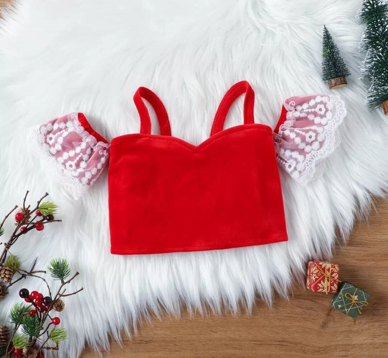 Red Velvet Girl Christmas Outfits For Kids Off Shoulder Lace Top+Flared Pants New Year Costume Cosplay Kids Clothes Girls