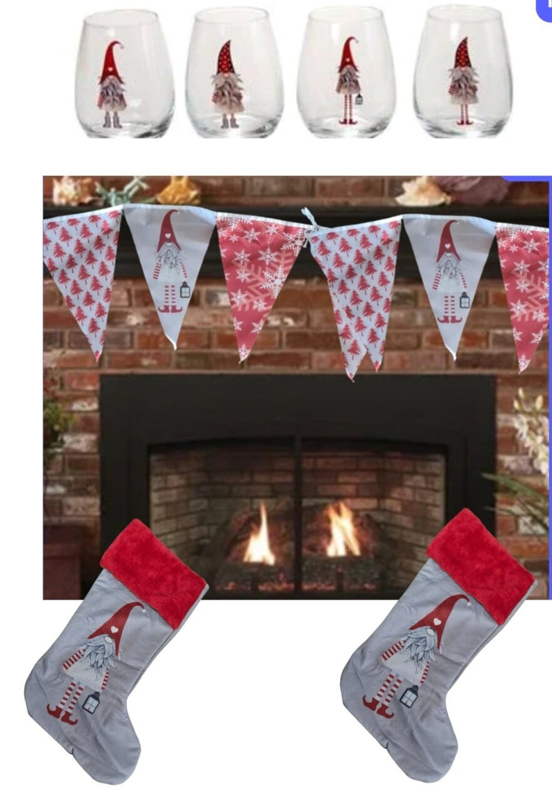 Gnome Christmas Décor Hand Painted Wine Glasses Handmade Banners and Stockings