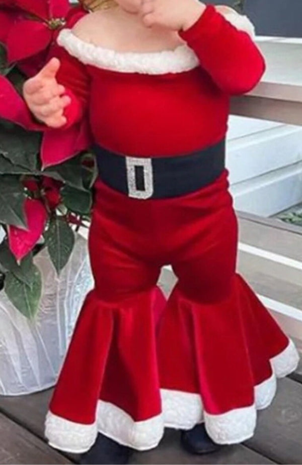 Toddler Baby's Clothes Girl 2PCS Christmas Outfits Long Sleeve Belted Jumpsuit Flare Pants Santa Hat Children's Clothing Set