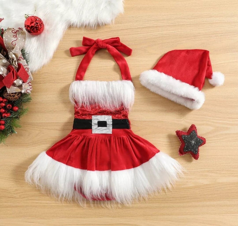 First Christmas Twins Triplets Baby Girls Christmas Romper Dress Sequins Plush Trim Patchwork Halter neck Sleeveless Lace Tutu Xmas Outfit