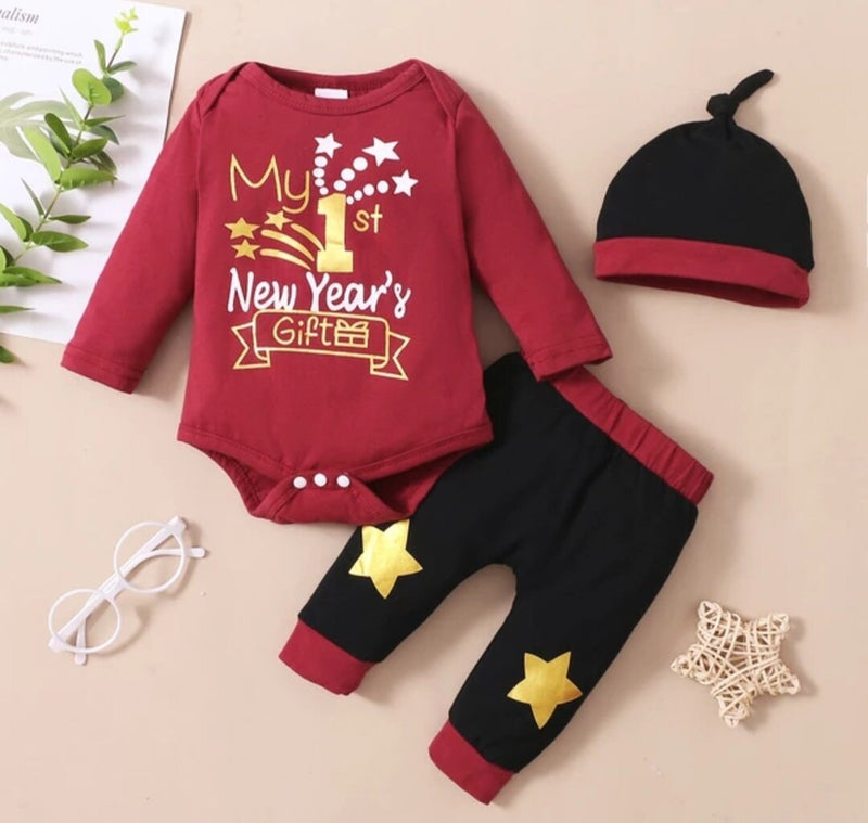 My First New Year Baby Costume Letter Romper+Stars Pants+Hat Baby Boy Girl Christmas Outfits 2023 Christmas Clothing