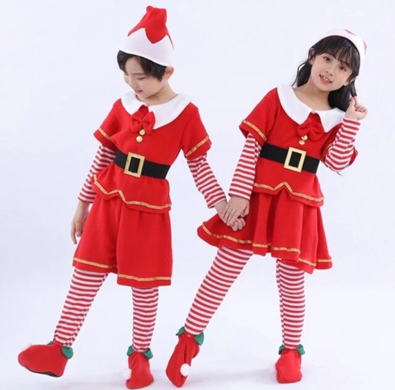 Kids Child Christmas Cosplay Santa Claus Costume Baby X-Mas Outfit For Boys Girls Red Elf Role Playing Outfit Full Set Sibling Best Friends