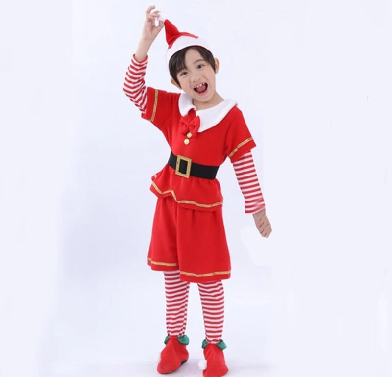 Kids Child Christmas Cosplay Santa Claus Costume Baby X-Mas Outfit For Boys Girls Red Elf Role Playing Outfit Full Set Sibling Best Friends