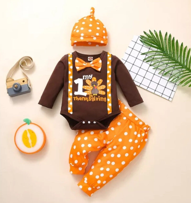 My First Thanksgiving Baby Boy Outfits Gentleman Romper +Turkey Print Pants Toddler Thanksgiving Costume