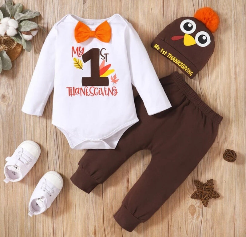 My First Thanksgiving Baby Boy Outfits Gentleman Romper +Turkey Print Pants Toddler Thanksgiving Costume