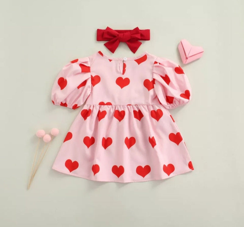 Valentine's Day Toddler Kid Baby Girl Dress Red Heart Print Puff Sleeve Party Dresses For Girl Children Costume