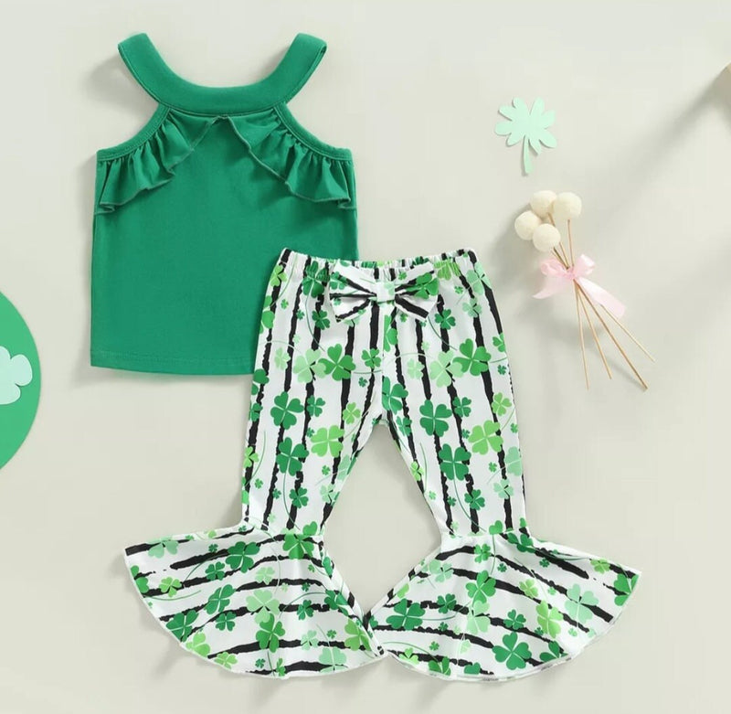 St. Patrick's Day Toddler Infant Kid Baby Girls Clothes Set Ruffle Camisole Top Striped Floral Flare Pants Outfits Four Leaf Clover Print