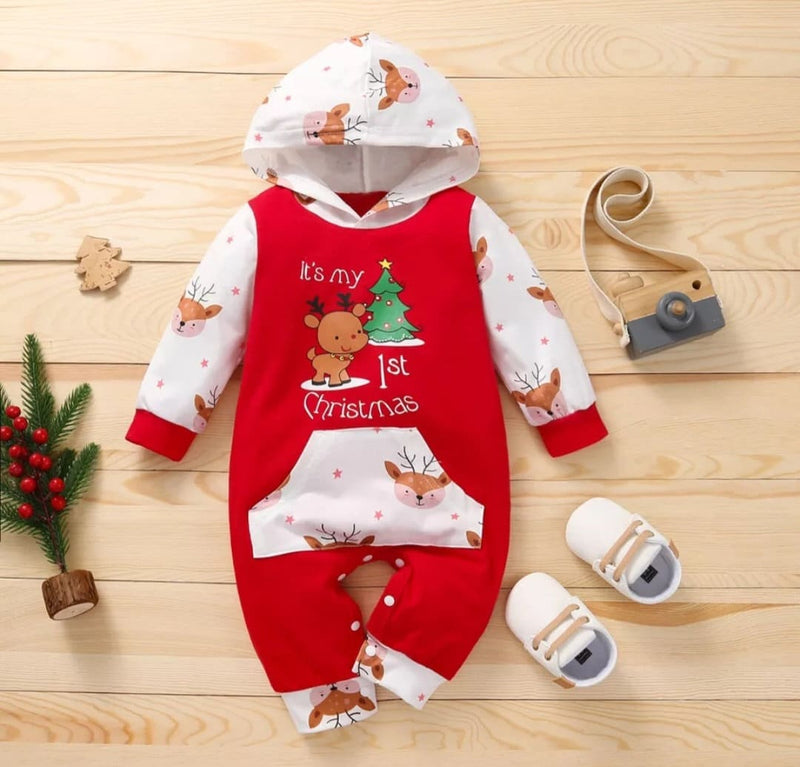 My 1st Christmas Newborn Infant Baby Boys Jumpsuit Cute Deer Car Print Long Sleeve Romper Xmas Costume