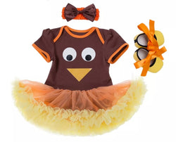 Thanksgiving Baby Clothing Sets  Romper Dress + Headband +Shoes 3pcs sets Short Sleeve Baby Girl Clothes
