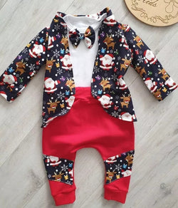 Christmas Toddler Infant Baby Boy Clothes Set Cartoon Santa Jacket Bow T shirt Pants Xmas Outfits Boy Gentleman Suit