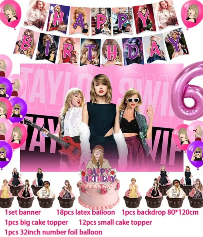 Taylor Swift Party Decorations Birthday Party Supplies Banner- Backdrop Cake Topper 12 Cupcake Toppers - Balloons and Number Balloon