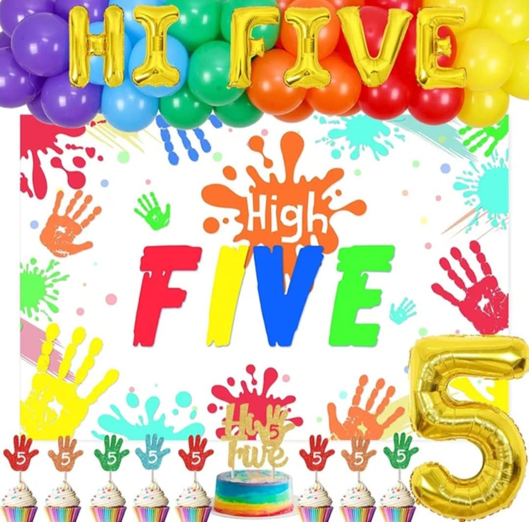 5th Birthday Party Decorations High Five Birthday Backdrop Hand Print Balloons Cake Topper for 5 Years Old Boys Girls