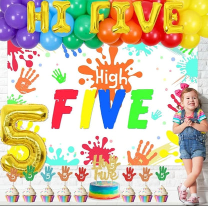 5th Birthday Party Decorations High Five Birthday Backdrop Hand Print Balloons Cake Topper for 5 Years Old Boys Girls