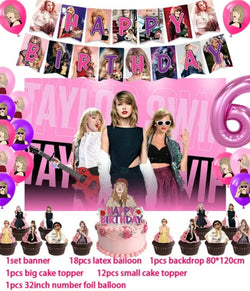 Taylor Swift Party Decorations Birthday Party Supplies Banner- Backdrop Cake Topper Cupcake Toppers - Balloons and Number Balloon Tableware