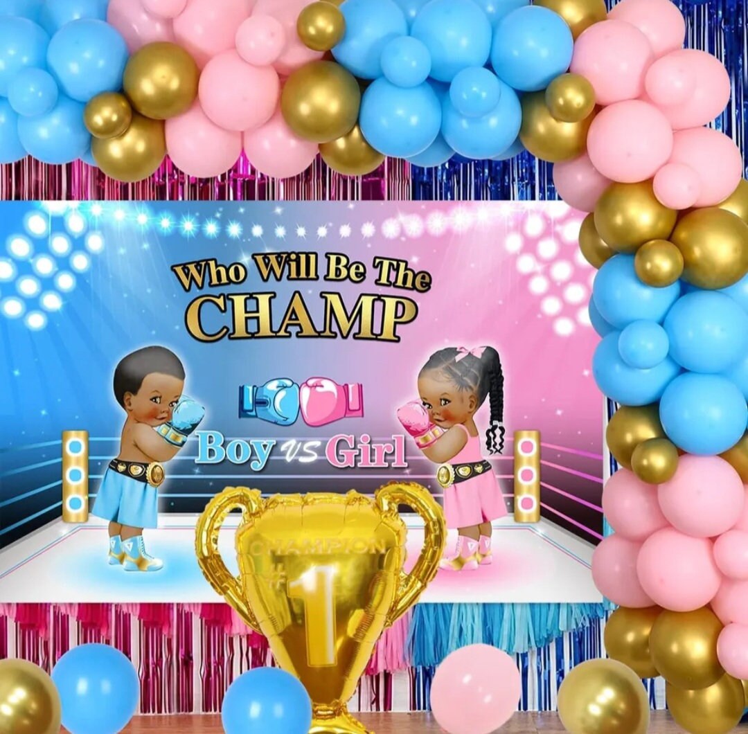 Boxing Theme Gender Reveal Party Decorations Pink Blue Balloons Garland Champion Foil Balloons Boxing Gender Reveal Backdrop