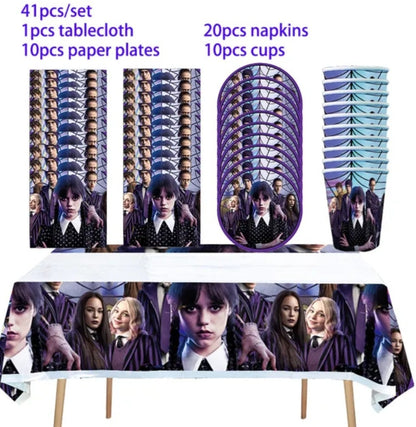 Wednesday Addams Party Supply Backdrop Napkins Plates Birthday Decoration for Boys and Girls