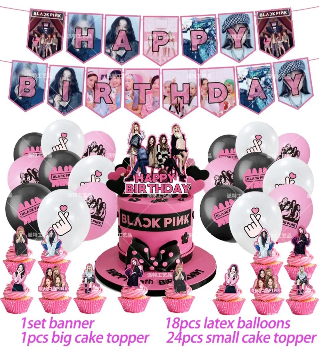 Korea Super Girl Star Black Pink Balloon Birthday Party Decoration Banner Cake Topper Birthday Photoshop Backdrop Baby Shower