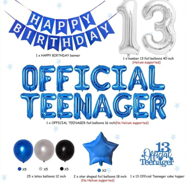 13th Birthday Party Decorations for Boys Official Teenager Number 13 Foil Balloon Cake Topper Blue 13 Year Old Birthday Supplies