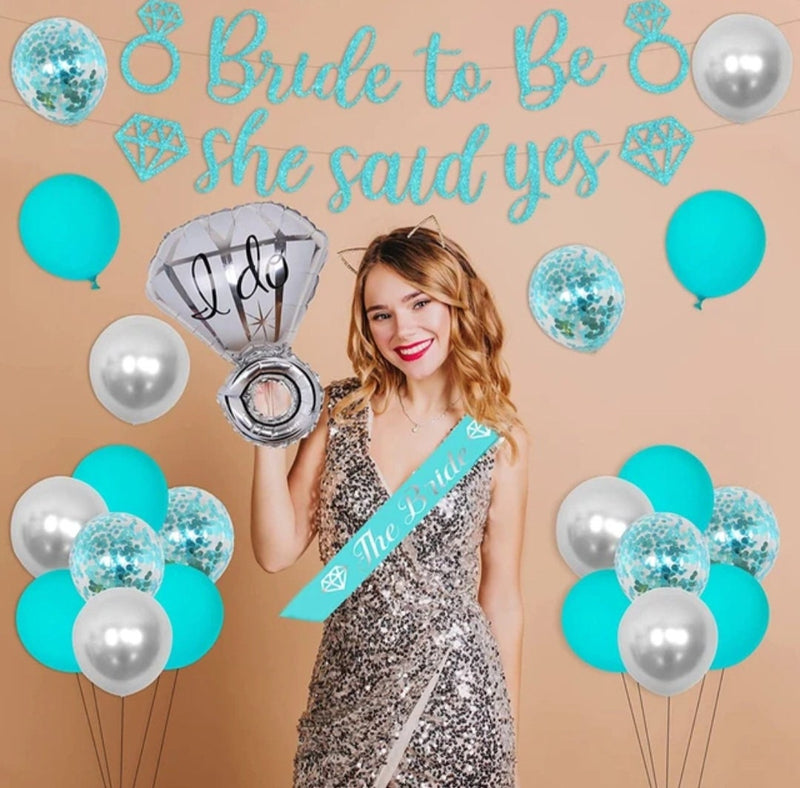 Teal Blue Wedding Bachelorette Party Decorations Kit Bride To Be She Said Yes Banner Balloons Bridal Shower Supplies