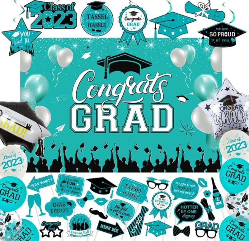 Teal 2023 Graduation Decorations Congrats Grad Backdrop Graduation Hanging Swirls Photo Props Star Balloons for Class of 2023