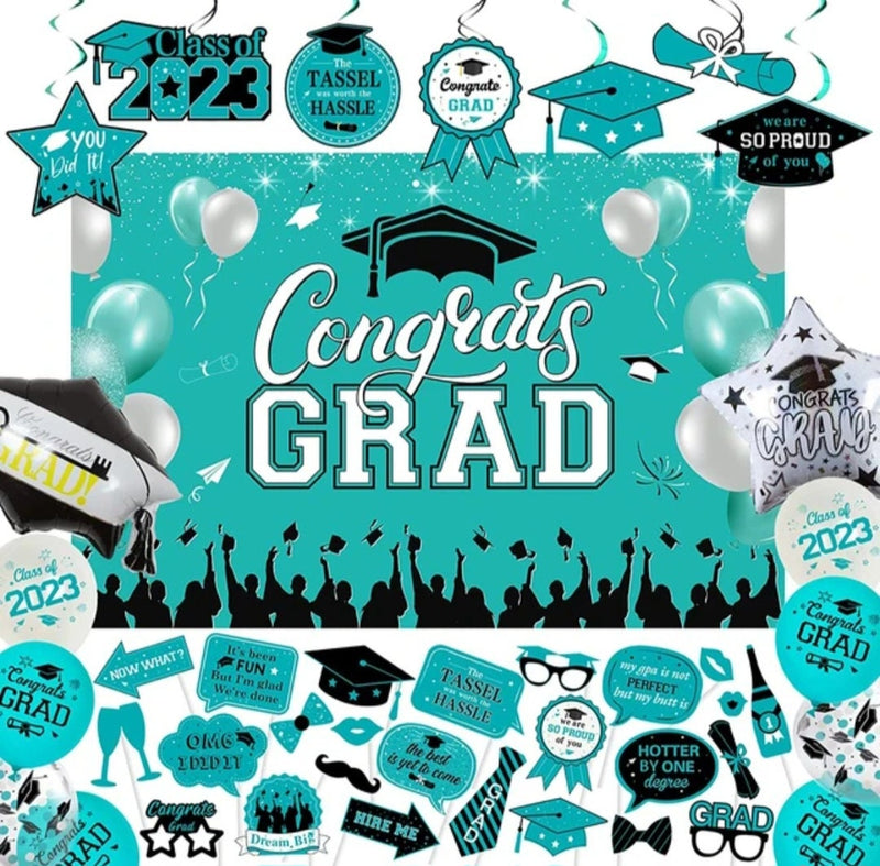 Teal 2023 Graduation Decorations Congrats Grad Backdrop Graduation Hanging Swirls Photo Props Star Balloons for Class of 2023