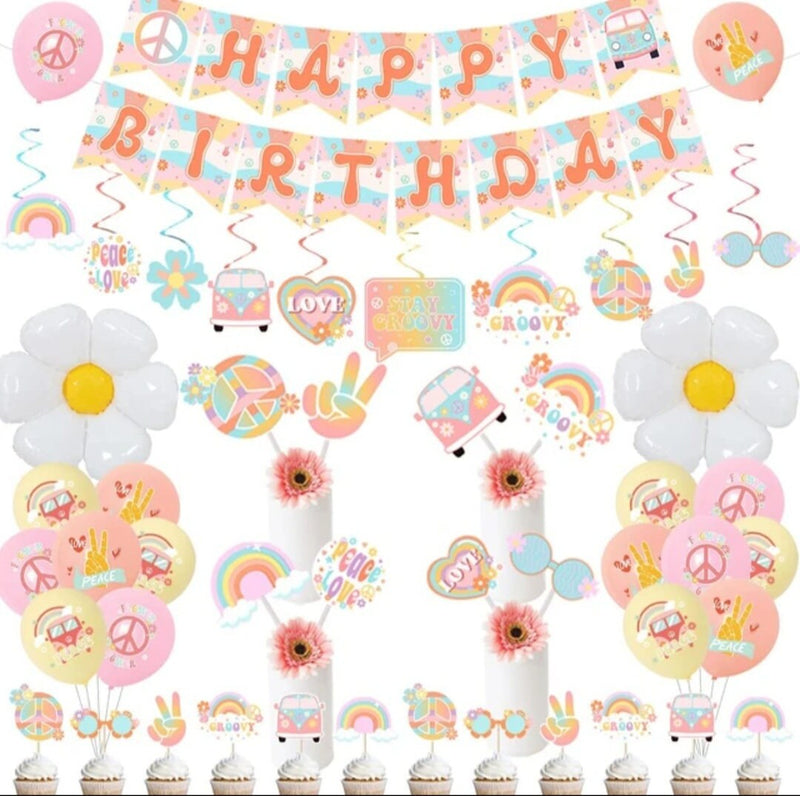 Groovy Birthday Party Decorations for Girls Boho Rainbow Banner Daisy Balloon Cake Topper Kit Retro Hippie Party Decor